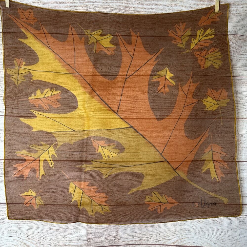 Vintage Vera Brown Yellow Orange Oak Leaf Scarf Women's Hair Head Wrap Neck Tie - Picture 2 of 5